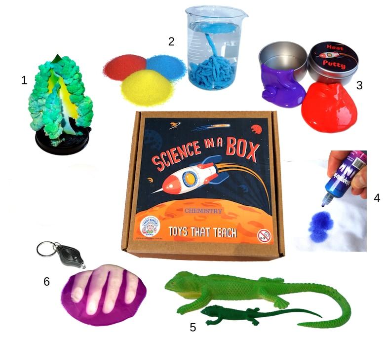 Science in a box with 6 chemical toys